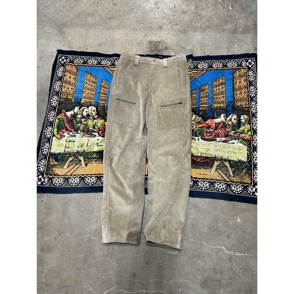 LL Bean Pant Men 32 Khaki Corduroy Double Knee Fleece Lined Field Cargo Gorpcore - Picture 6 of 8
